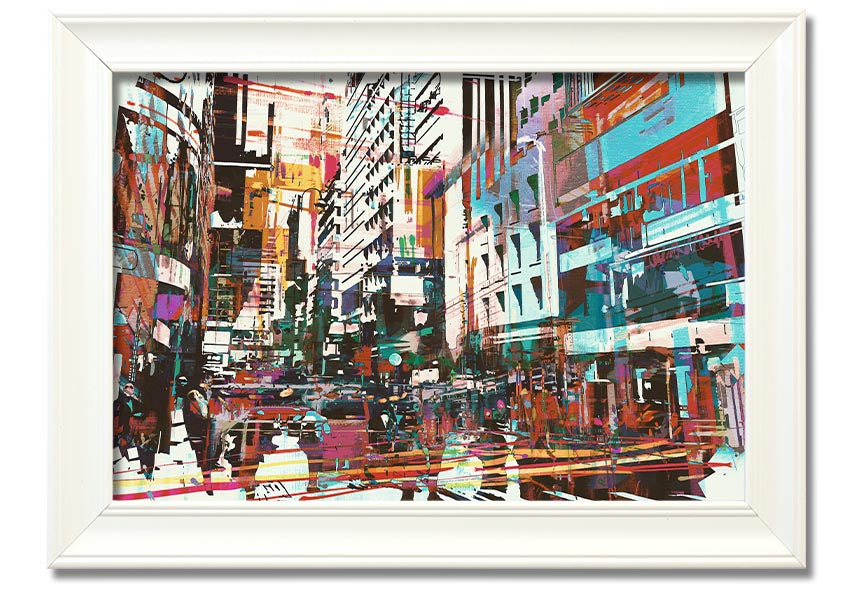 A beautifully framed abstract city art print showcasing vibrant colors and dynamic shapes, ready to hang.