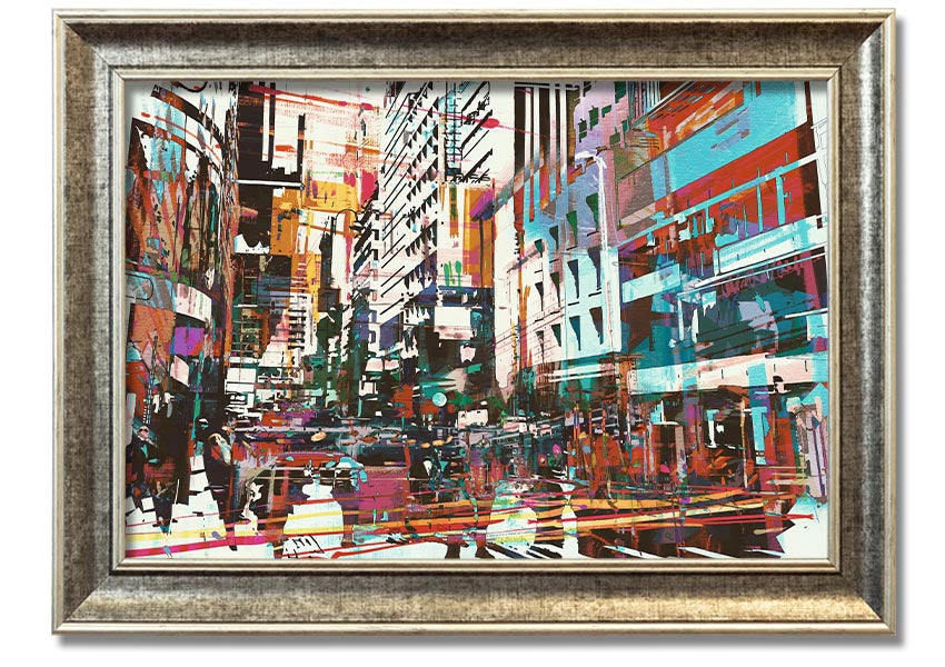 A beautifully framed abstract city art print showcasing vibrant colors and dynamic shapes, ready to hang.