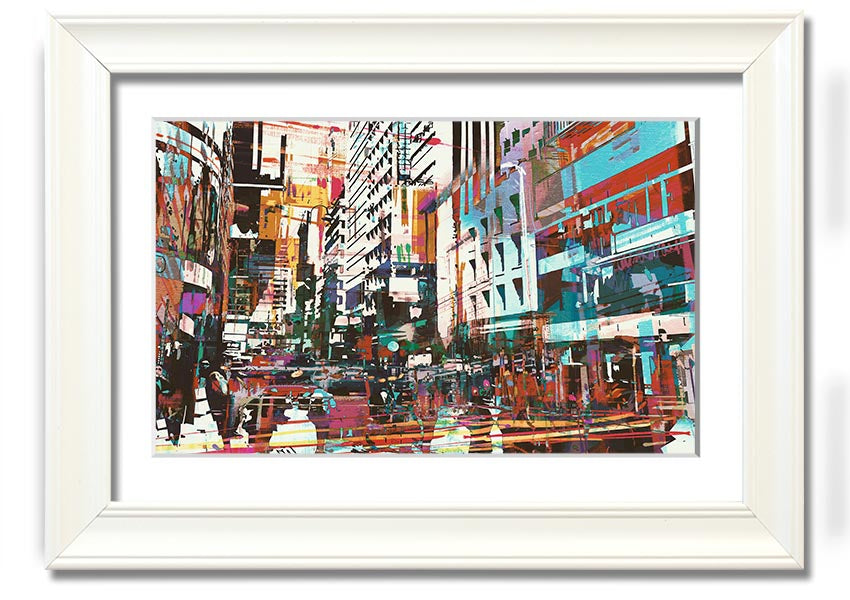 A beautifully framed abstract city art print showcasing vibrant colors and dynamic shapes, ready to hang.