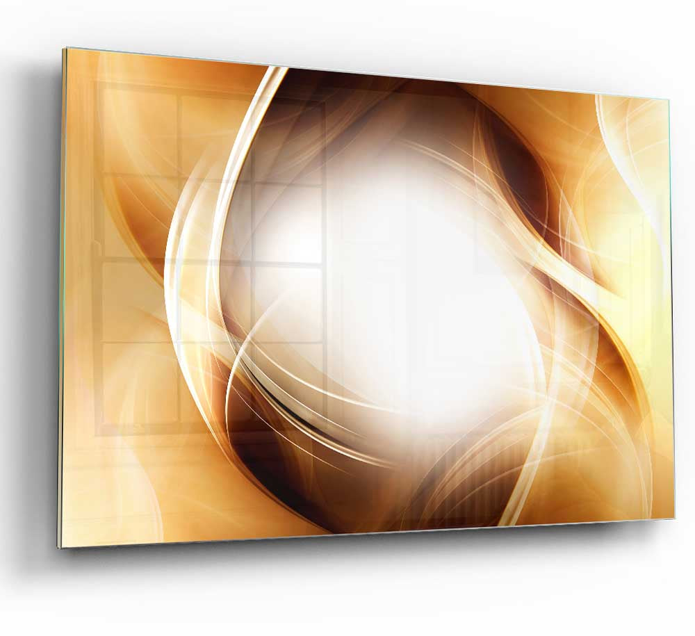 A vibrant abstract glass print featuring fiery colors and dynamic shapes, perfect for modern home decor.