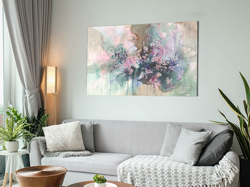 Abstract Flower Paradise artwork printed on brushed aluminium dibond, featuring vibrant colors and modern design.