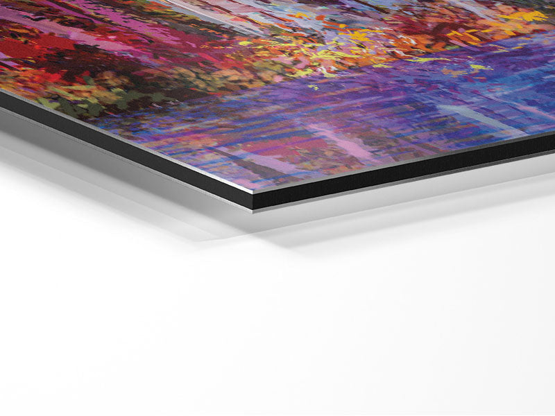 Abstract forest color strokes art printed on brushed aluminium dibond, showcasing vibrant colors and modern design.