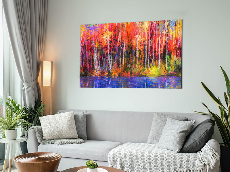 Abstract forest color strokes art printed on brushed aluminium dibond, showcasing vibrant colors and modern design.
