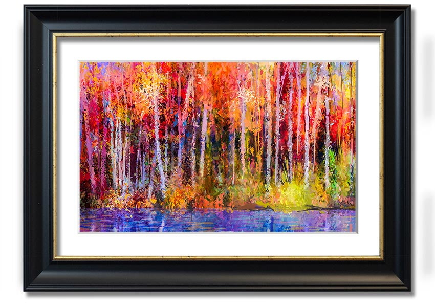 Framed print of abstract forest color strokes, showcasing vibrant colors and unique design, ready to hang.