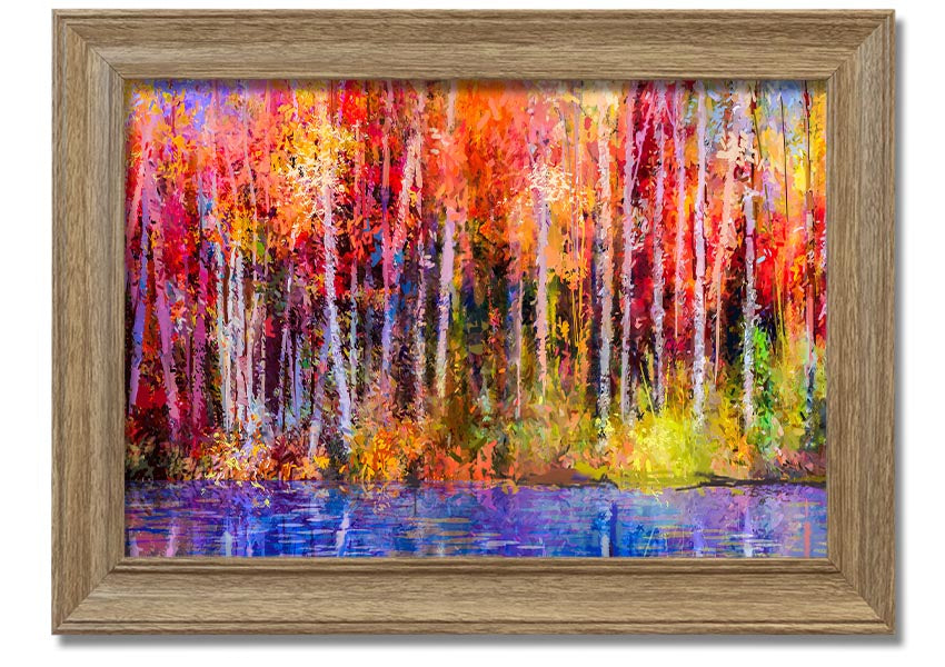 Framed print of abstract forest color strokes, showcasing vibrant colors and unique design, ready to hang.