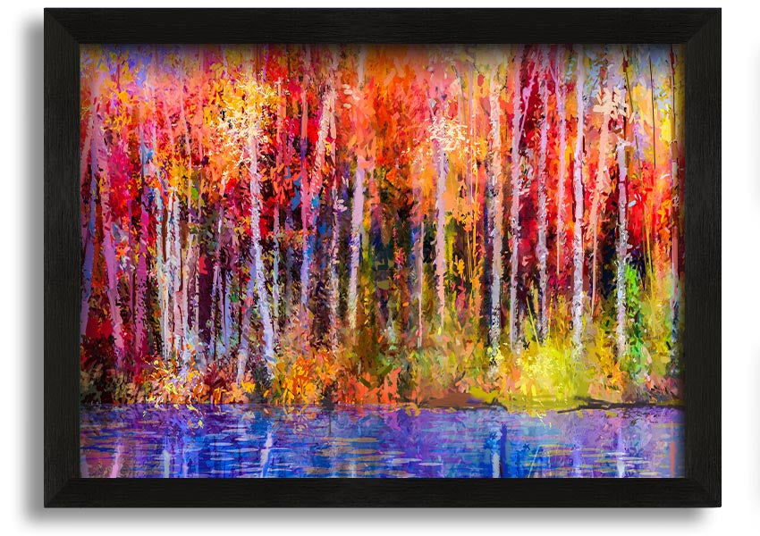 Framed print of abstract forest color strokes, showcasing vibrant colors and unique design, ready to hang.