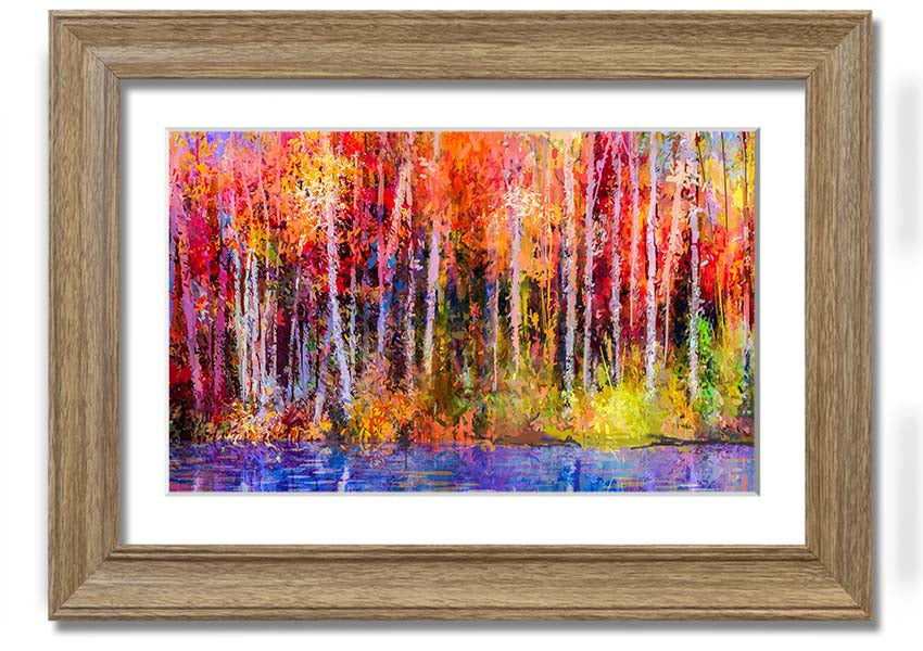 Framed print of abstract forest color strokes, showcasing vibrant colors and unique design, ready to hang.