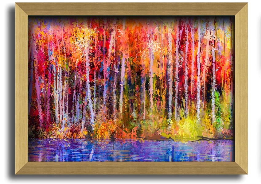 Framed print of abstract forest color strokes, showcasing vibrant colors and unique design, ready to hang.