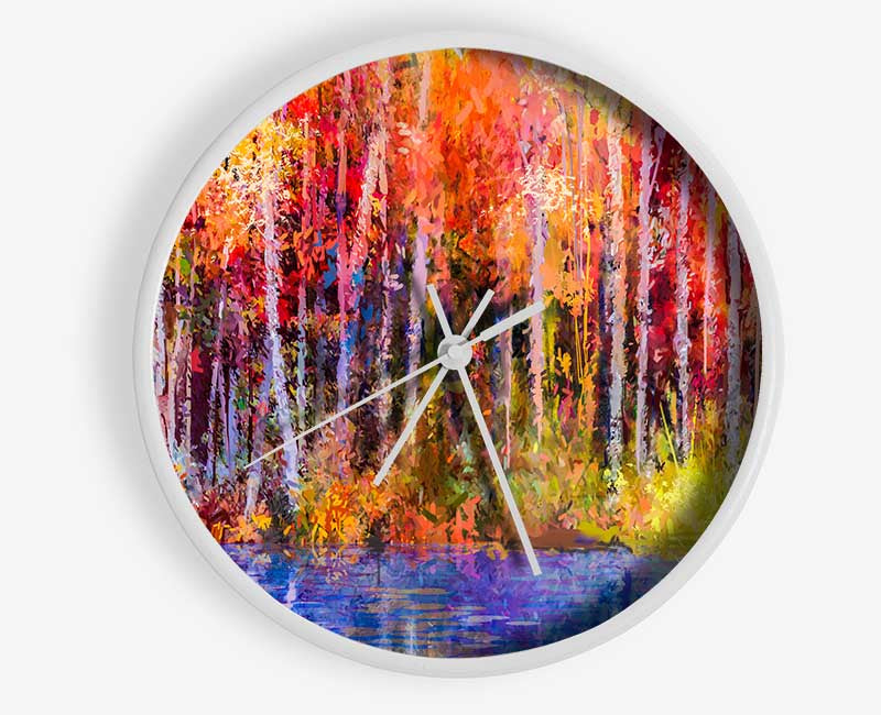 Abstract Forest Colour Strokes clock made from natural bamboo with vibrant colors and clear Plexiglas lens.