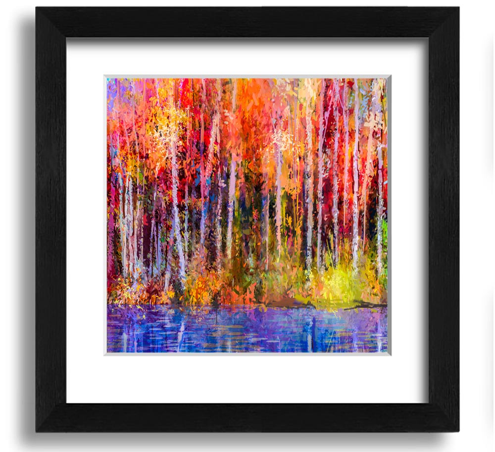 A square framed print featuring abstract strokes in vibrant forest colors, ready to hang.