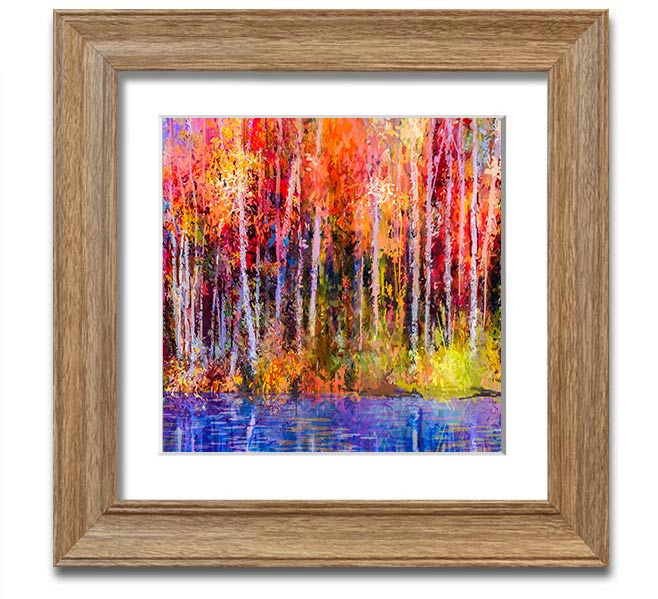A square framed print featuring abstract strokes in vibrant forest colors, ready to hang.