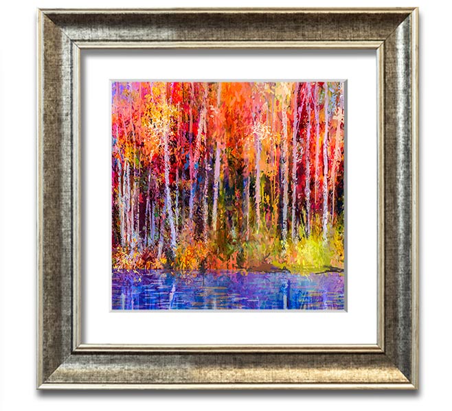 A square framed print featuring abstract strokes in vibrant forest colors, ready to hang.