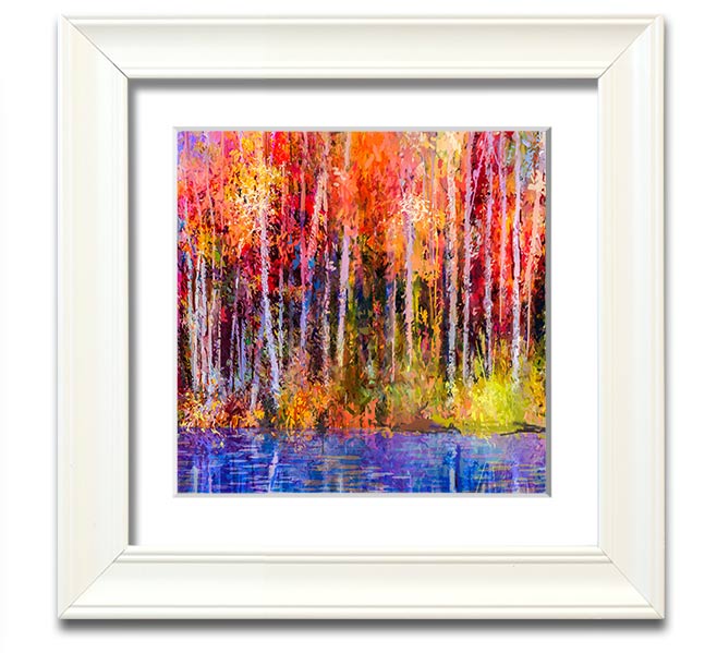 A square framed print featuring abstract strokes in vibrant forest colors, ready to hang.