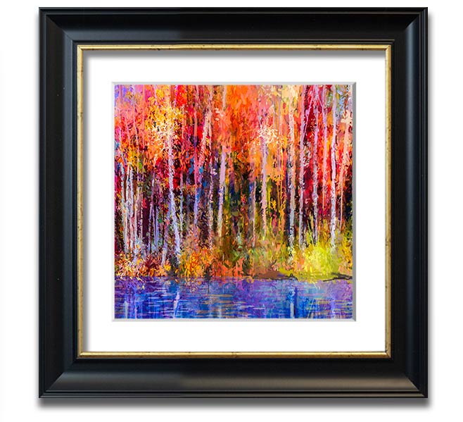 A square framed print featuring abstract strokes in vibrant forest colors, ready to hang.