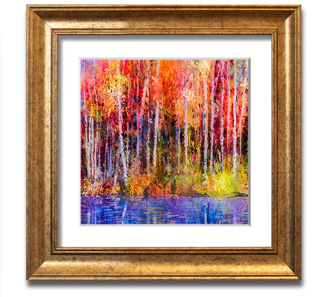 A square framed print featuring abstract strokes in vibrant forest colors, ready to hang.
