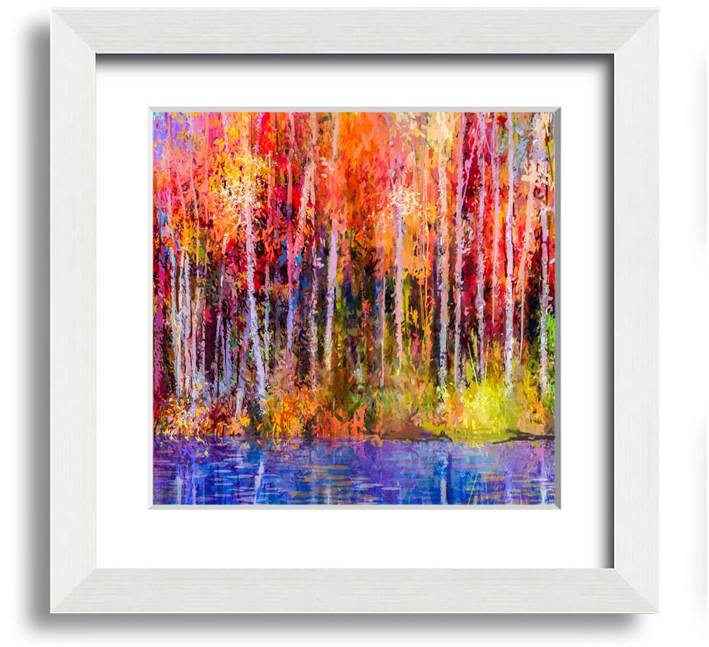 A square framed print featuring abstract strokes in vibrant forest colors, ready to hang.