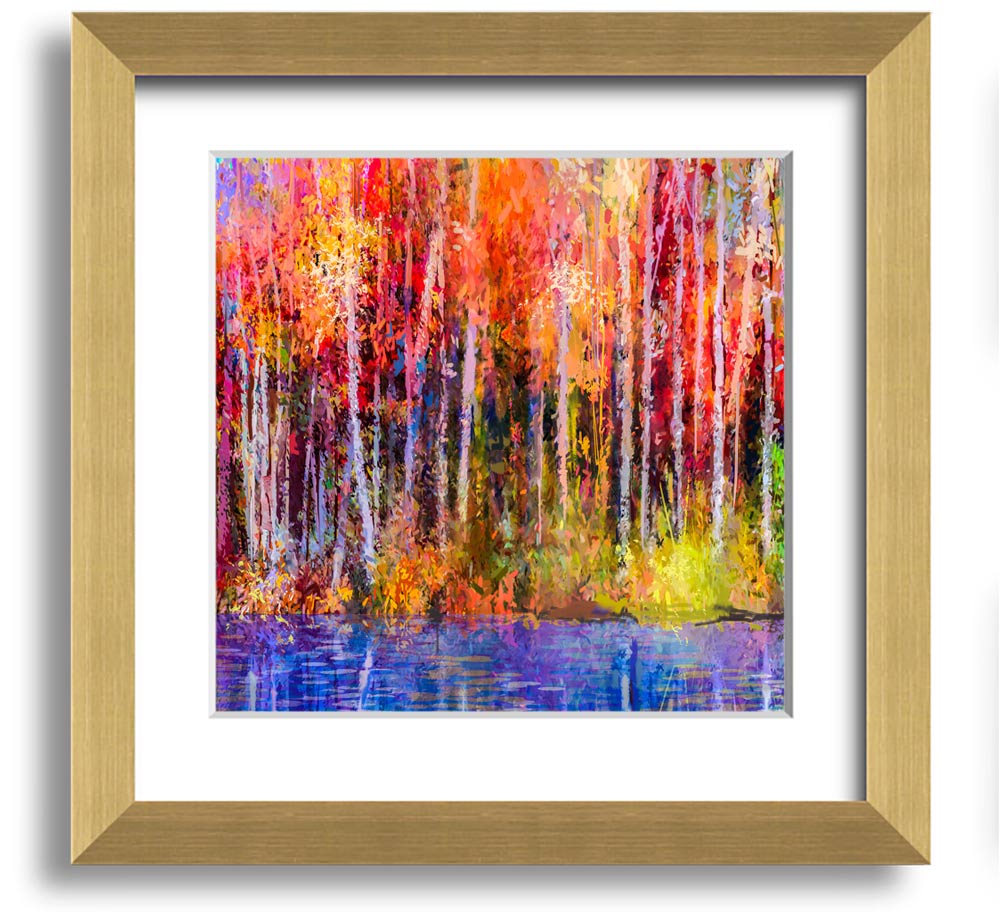 A square framed print featuring abstract strokes in vibrant forest colors, ready to hang.
