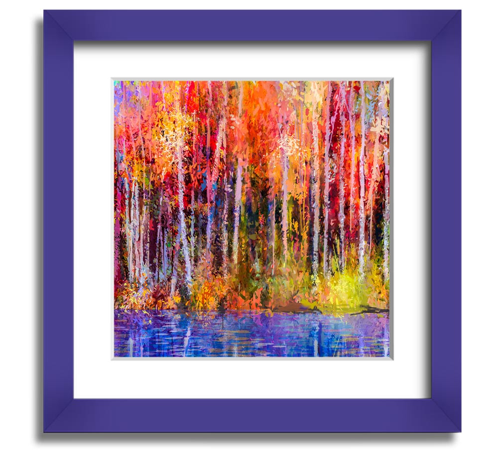 A square framed print featuring abstract strokes in vibrant forest colors, ready to hang.