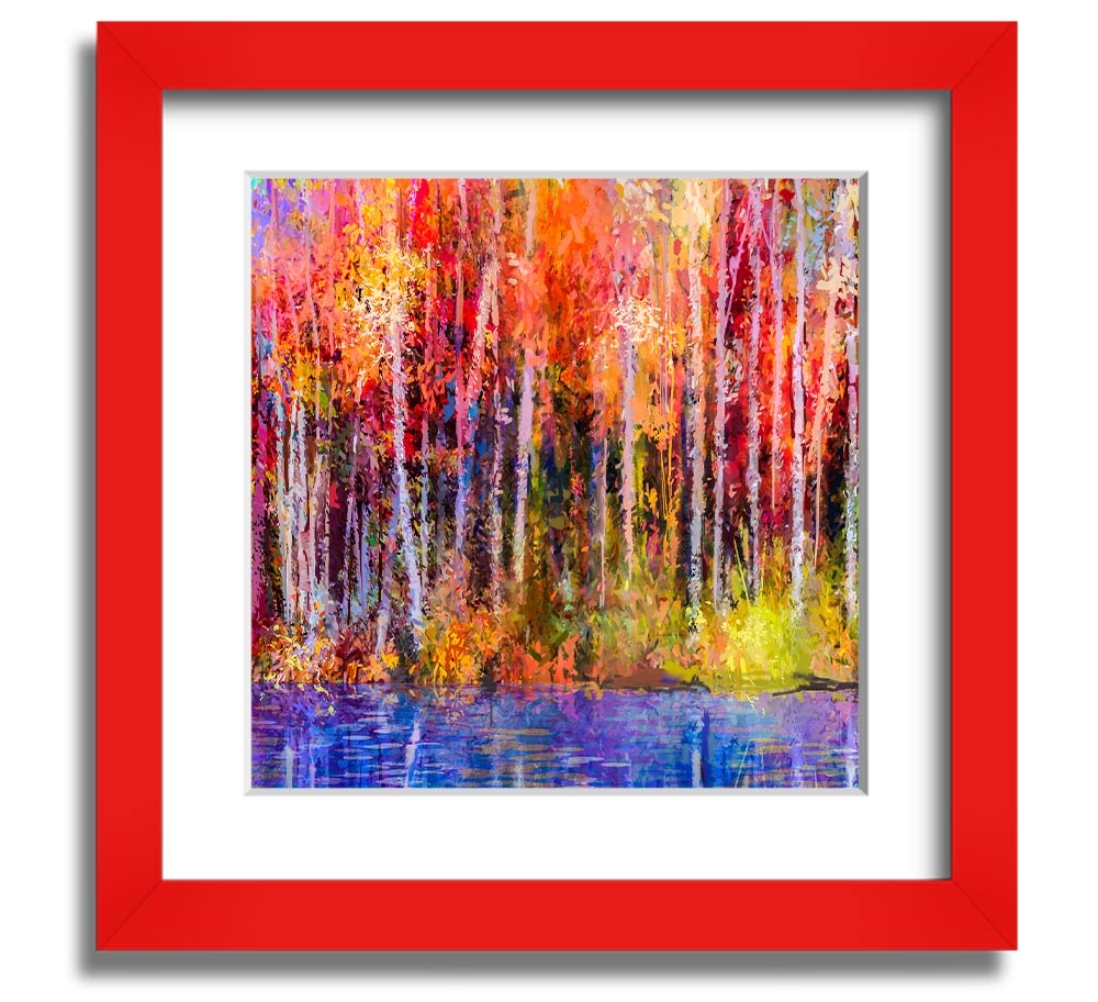A square framed print featuring abstract strokes in vibrant forest colors, ready to hang.