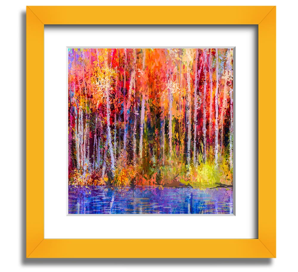A square framed print featuring abstract strokes in vibrant forest colors, ready to hang.