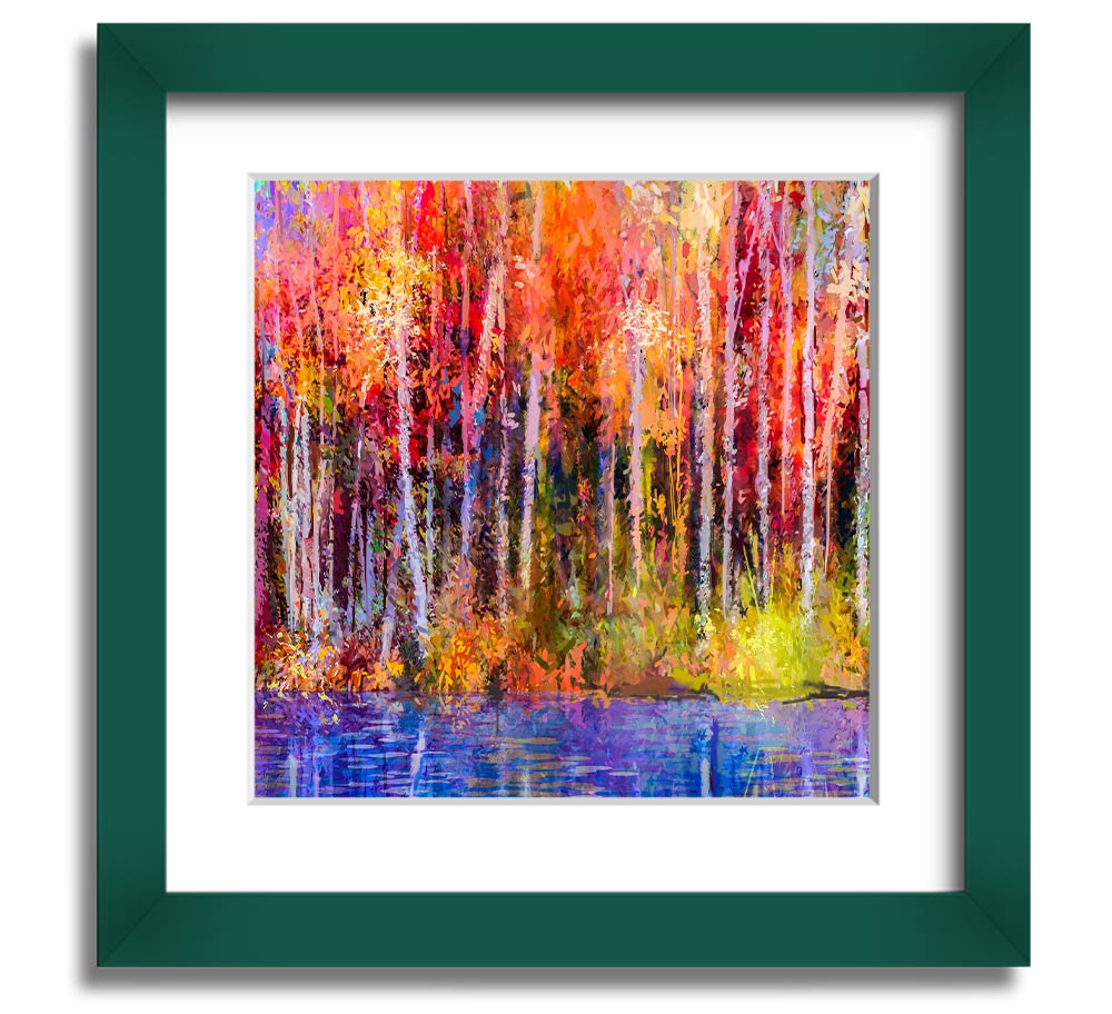 A square framed print featuring abstract strokes in vibrant forest colors, ready to hang.