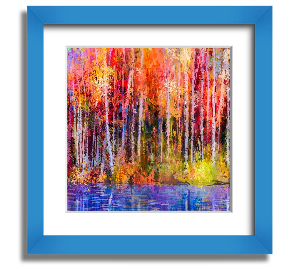 A square framed print featuring abstract strokes in vibrant forest colors, ready to hang.