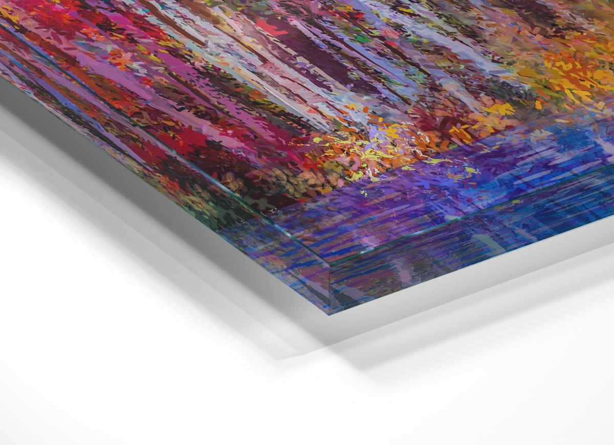 A vibrant glass print featuring abstract strokes in forest colors, showcasing a modern artistic design.