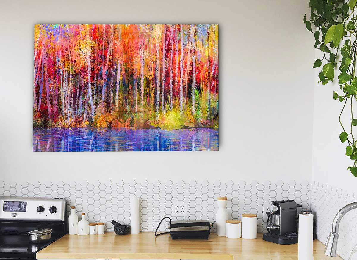 A vibrant glass print featuring abstract strokes in forest colors, showcasing a modern artistic design.