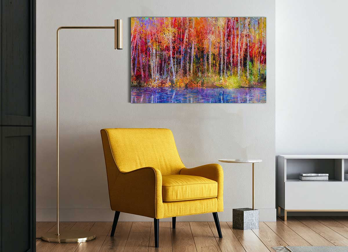 A vibrant glass print featuring abstract strokes in forest colors, showcasing a modern artistic design.
