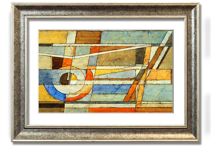 A vibrant framed print featuring abstract grids of colors, showcasing a blend of hues in a modern design, ready to hang.