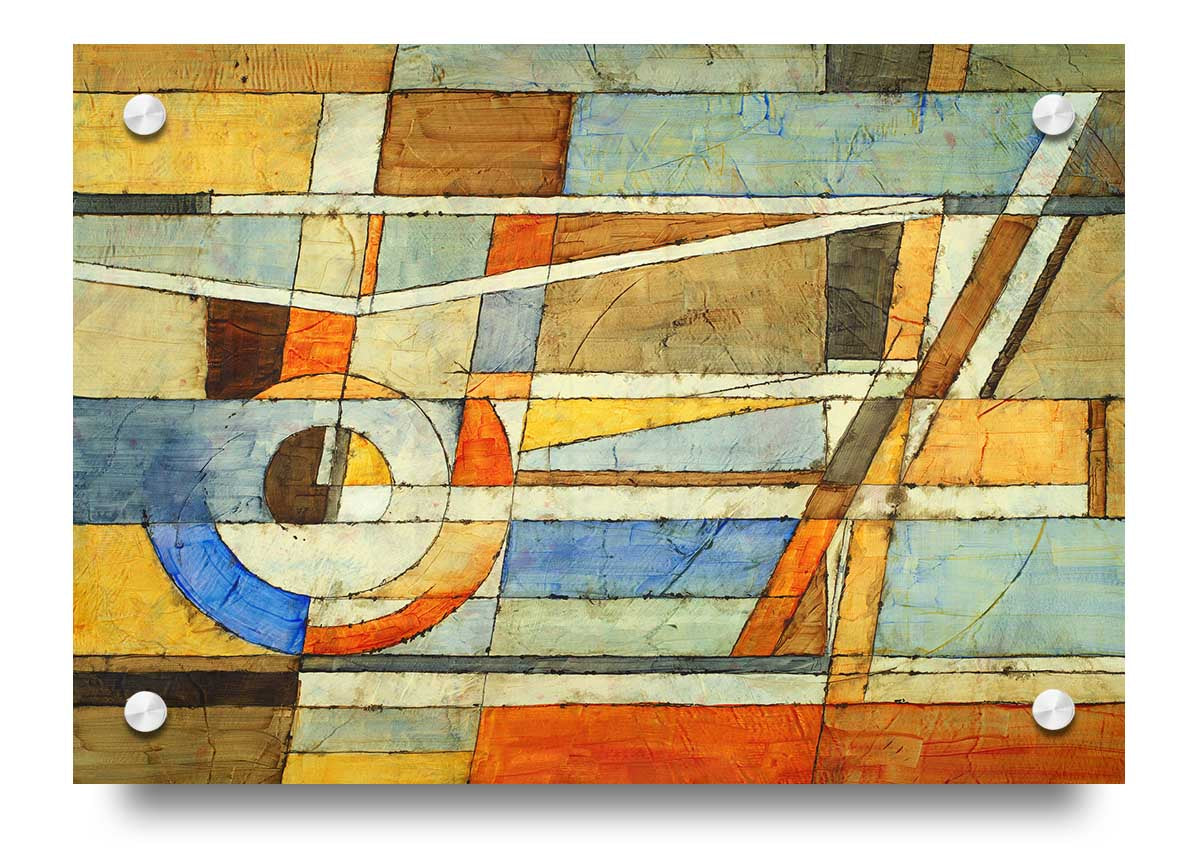 Vibrant abstract acrylic print featuring colorful grids on clear acrylic glass.