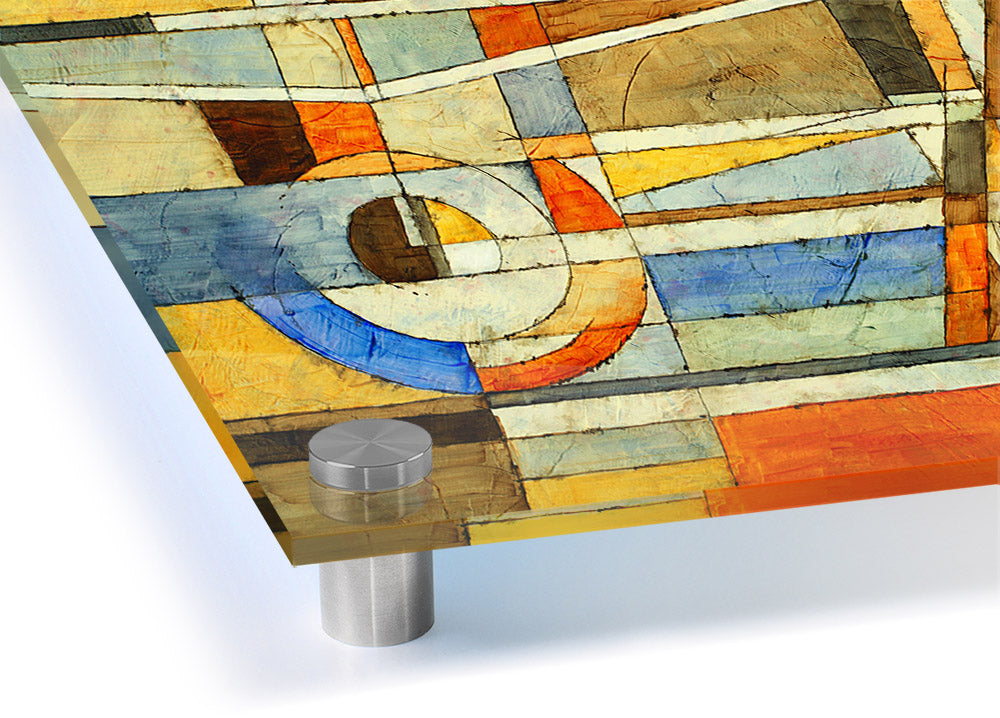 Vibrant abstract acrylic print featuring colorful grids on clear acrylic glass.