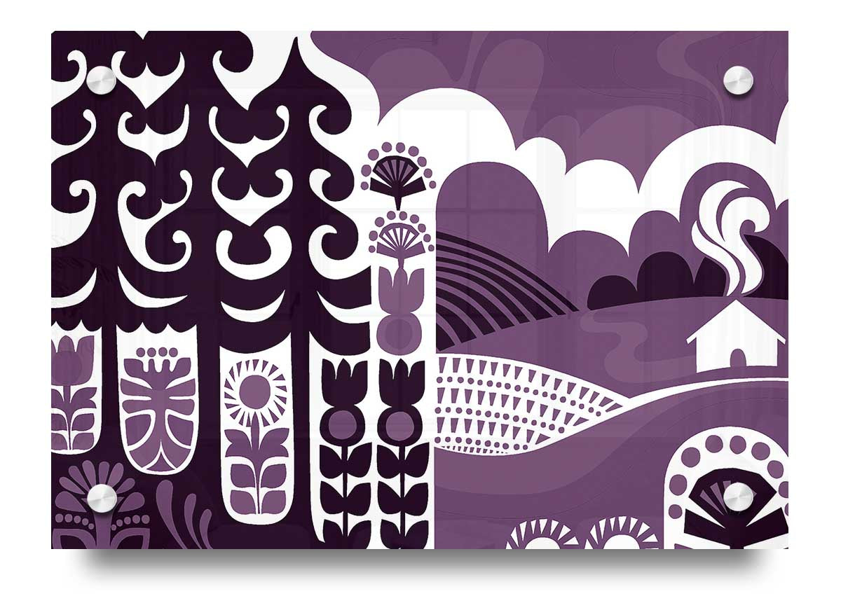 Abstract Hills Lilac acrylic print showcasing vibrant lilac colors on 5mm thick acrylic glass, ready to hang.