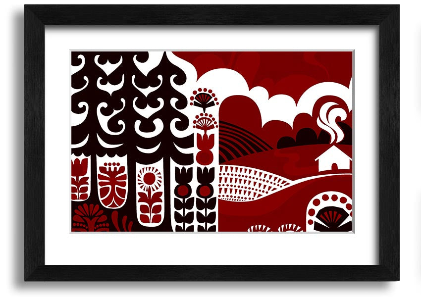 Abstract Hills Maroon framed print showcasing rich maroon hues in an elegant design, ready to hang.