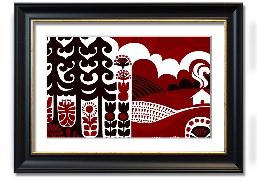 Abstract Hills Maroon framed print showcasing rich maroon hues in an elegant design, ready to hang.