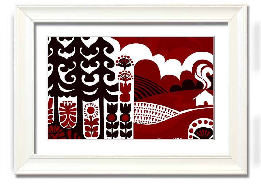 Abstract Hills Maroon framed print showcasing rich maroon hues in an elegant design, ready to hang.
