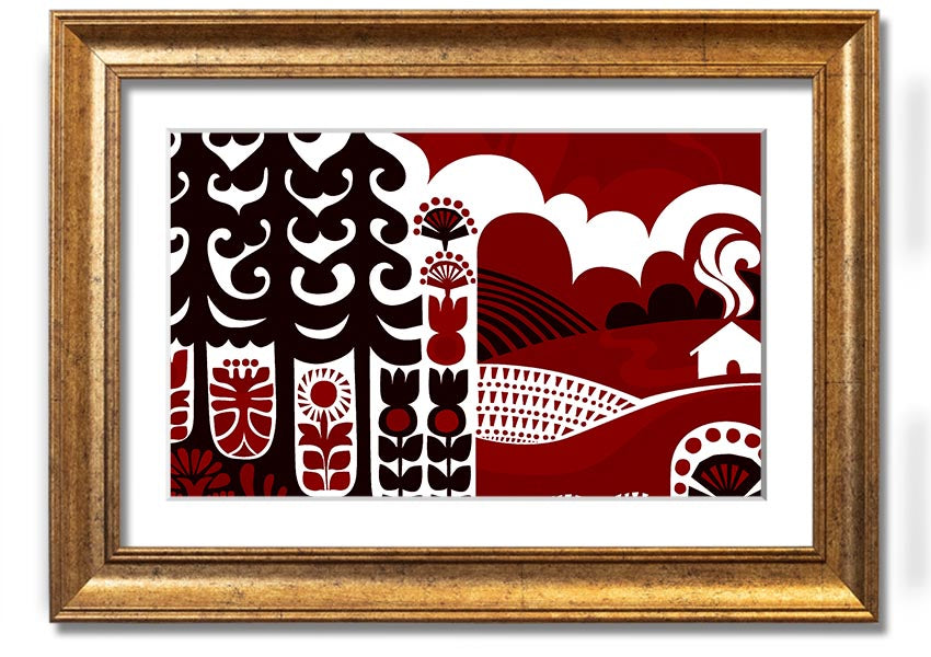 Abstract Hills Maroon framed print showcasing rich maroon hues in an elegant design, ready to hang.