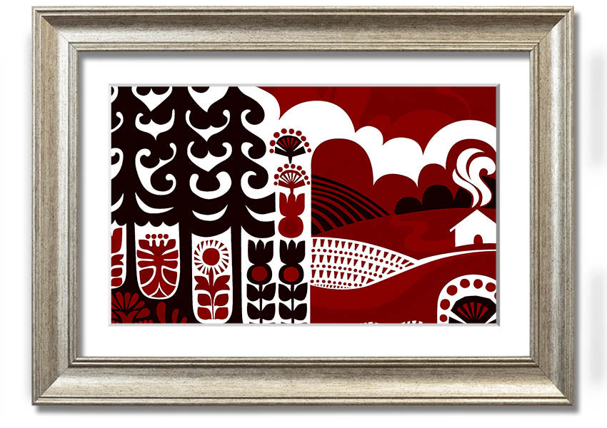 Abstract Hills Maroon framed print showcasing rich maroon hues in an elegant design, ready to hang.