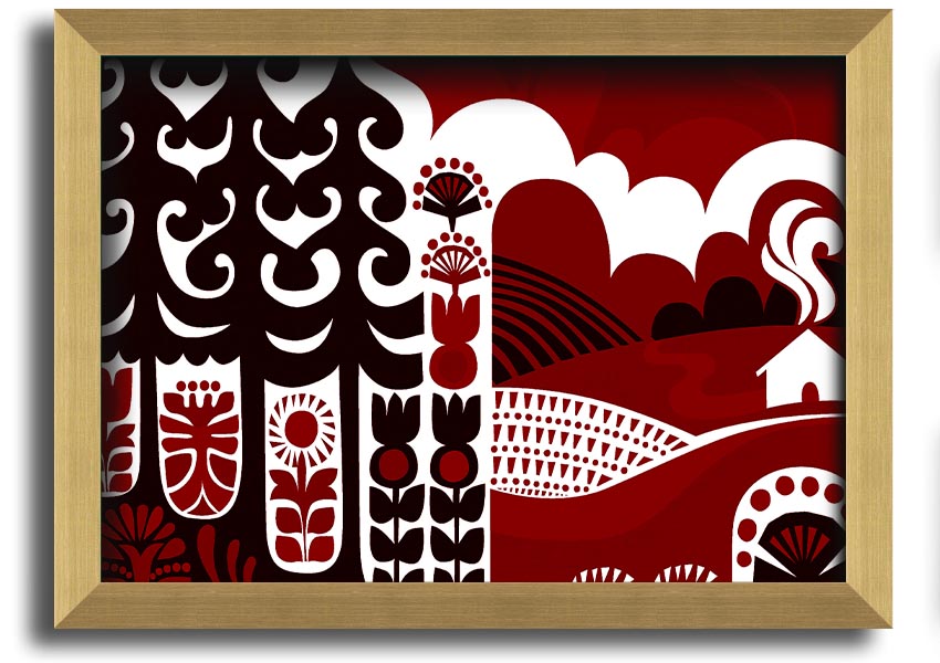 Abstract Hills Maroon framed print showcasing rich maroon hues in an elegant design, ready to hang.