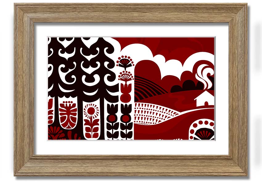 Abstract Hills Maroon framed print showcasing rich maroon hues in an elegant design, ready to hang.