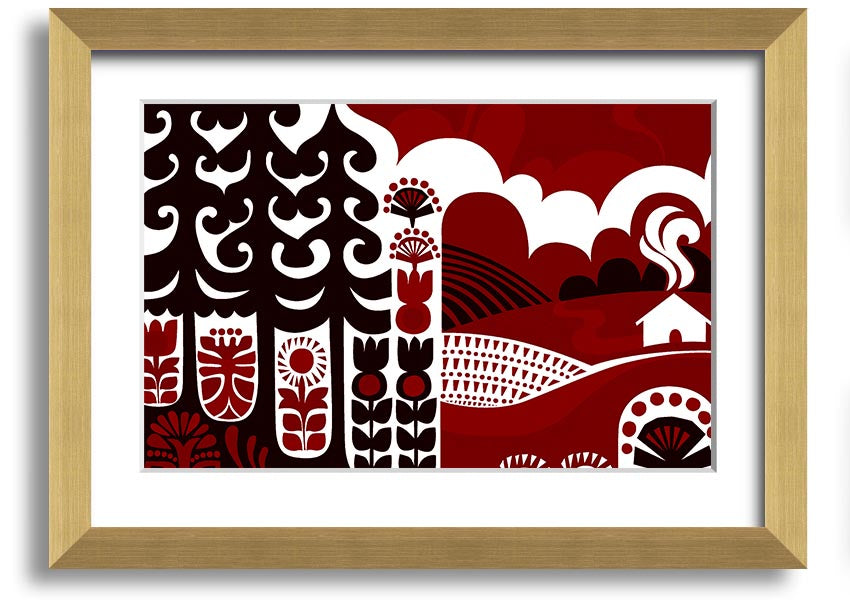 Abstract Hills Maroon framed print showcasing rich maroon hues in an elegant design, ready to hang.