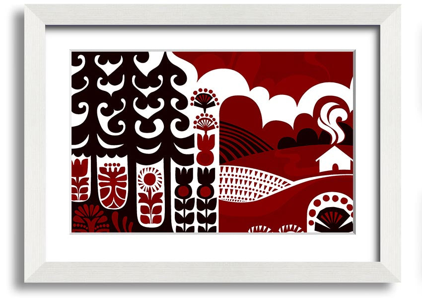 Abstract Hills Maroon framed print showcasing rich maroon hues in an elegant design, ready to hang.