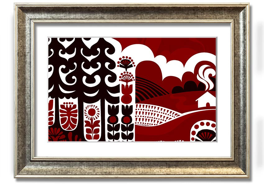 Abstract Hills Maroon framed print showcasing rich maroon hues in an elegant design, ready to hang.