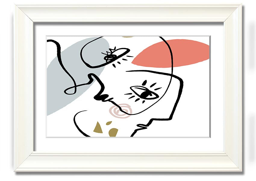 Framed print of abstract line drawing faces, showcasing minimalist art in various frame colors.