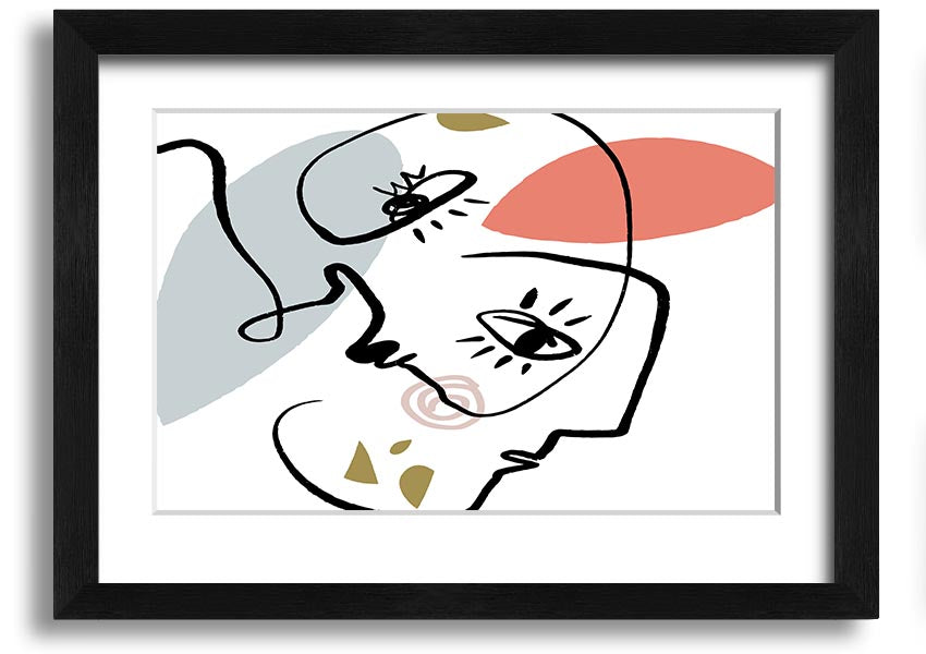 Framed print of abstract line drawing faces, showcasing minimalist art in various frame colors.