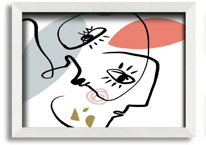 Framed print of abstract line drawing faces, showcasing minimalist art in various frame colors.