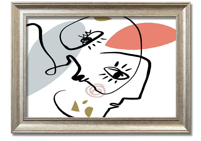 Framed print of abstract line drawing faces, showcasing minimalist art in various frame colors.