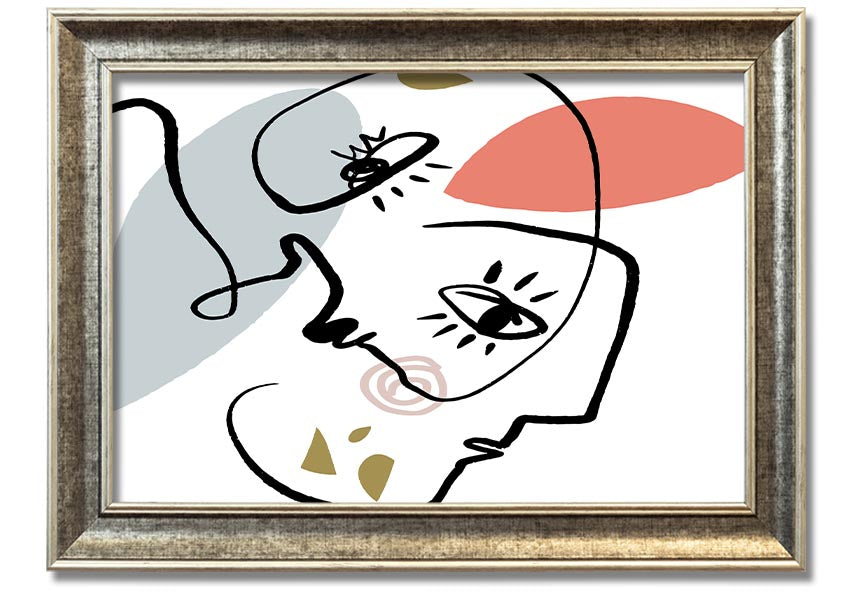 Framed print of abstract line drawing faces, showcasing minimalist art in various frame colors.