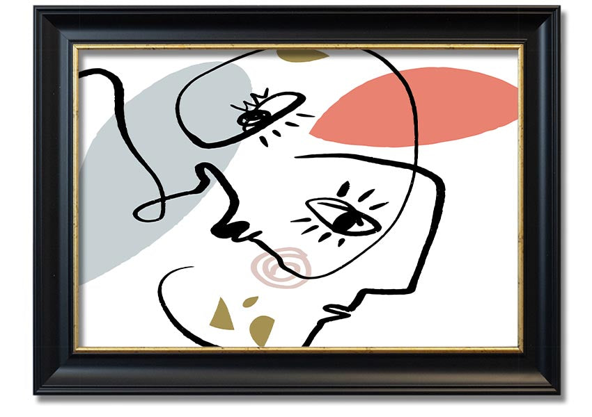Framed print of abstract line drawing faces, showcasing minimalist art in various frame colors.