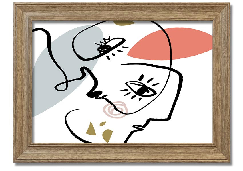 Framed print of abstract line drawing faces, showcasing minimalist art in various frame colors.